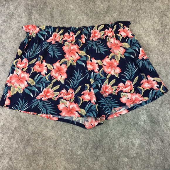 Shein Curve Shorts 4X High Waist Mini Navy Blue Tropical Floral Pull On Hibiscus - Picture 1 of 11
